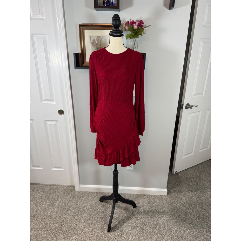 NEW PrettyGarden Romantic Glam Coquette Wine Red Textured Ruffle Hem Dress Sz L